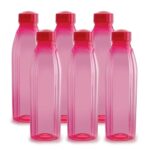 Cello Crystal Water Bottles Set Of 6, 1000 Ml Each, Pink | Food Grade, Unbreakable & Reusable Set Of Bottles | Air Tight Leakproof Easy To Carry Set Of Fridge Pet Bottles For Kitchen, Office, Travel