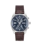 Boss Skytraveller Qtz Fashion Chrono Blue Round Dial Men’S Watch|Brown Croc Leather Material|Brown Color Band – 1514194