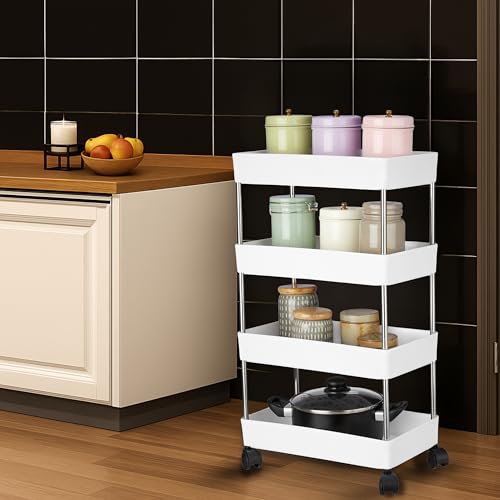 Amazon Brand – Solimo 4-Tier Stainless Steel Kitchen Trolley Rack With Wheels | Space-Saving Storage Shelf For Vegetables, Fruits, Spices & Kitchen Organizer (21.5Cm*40Cm*70.1Cm, White)