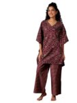 Libas Womens Printed Cotton Night Suit Set For Women Burgundy