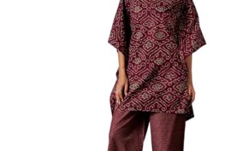 Libas Womens Printed Cotton Night Suit Set For Women Burgundy