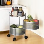 Kitchenstory Storage Rack | 360° Revolving Vegetable Kitchen Rack | Round Multipurpose Storage Trolley With Wheels | Metal Fruit Storage Rack | Kitchen Cabinet Spice Rack (Silver, 2 Layer)