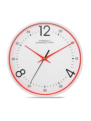 French Connection Plastic Elegant Decorative White Analog Wall Clock With Red Rim – Size 12 Inches – Fcwc04-A