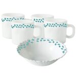 Larah By Borosil Blue Leaves Opalware Set – 4 X 180Ml Cups And 1 Snack Bowl (5 Pieces) | Microwave And Dishwasher Safe | Ideal For Tea, Coffee, And Casual Meals