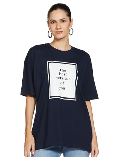 T2F Women’S Printed Oversized Fit T-Shirt (Wom-Drp-Tsrt-01_Navy