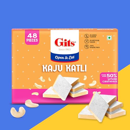 Gits Kaju Katli 500 Gm X 1 Box (48 Pieces) | Kaju Katli Made With Finest Cashews | Kaju Barfi | Indian Mithai | No Added Colours |Traditional Sweets | Gift Pack