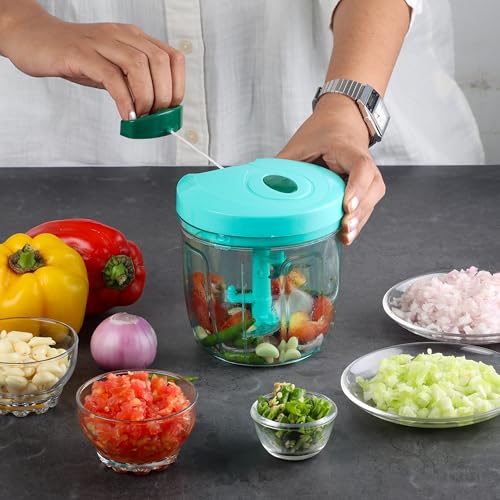Cello Magic Hand Chopper Xl | Multi Utility Chopper | 5 Stainless Steel Blades | Vegetable And Fruits Chopper | 15 Cuts One Pull | (Chopper, Blade, Whipper) | 900 Ml| Green