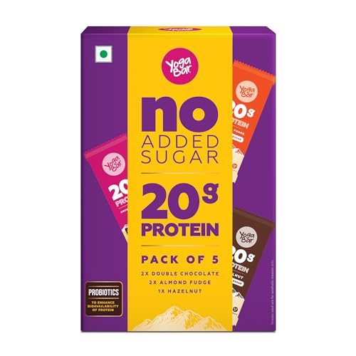 Yogabar No Added Sugar 20G Protein Bars | High Protein & Energy Bars | Added Probiotics & Whey | 20G Protein & 10G Fibre Nutrition Bars| Pack Of 5 X 70G Each | No Preservatives