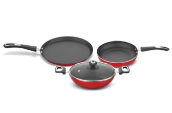 ‎Preethi Dura Collection Non Stick Set, 28 Cm Tawa, 26 Cm Frying Pan, 26 Cm Kadai, With Glass Lid, Gas & Induction Compatible, 5 Star Non Stick Effect, Chilly Red