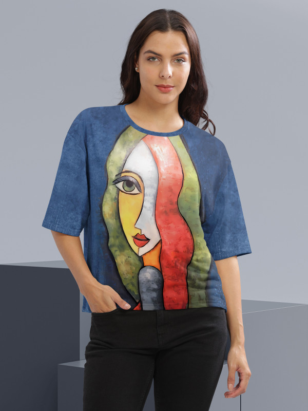 Hellcat Printed Women Round Neck Blue T-Shirt