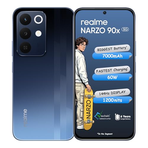 Realme Narzo 90X 5G (Nitro Blue,6Gb+128Gb) | 7000Mah + 60W Biggest Battery & Fastest Charging In The Segment* | 144Hz Bright Display | Sony 50Mp Ai Rear Camera | Ai Assist | 400% Ultra Boom Speaker