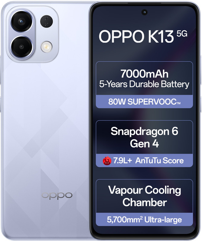 Oppo K13 5G With 7000Mah And 80W Supervooc Charger In-The-Box (Icy Purple, 256 Gb)(8 Gb Ram)