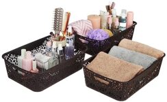Amazon Brand – Solimo Fabric Royal Multipurpose Rectangular Storage Basket – Medium (Set Of 3, Brown)