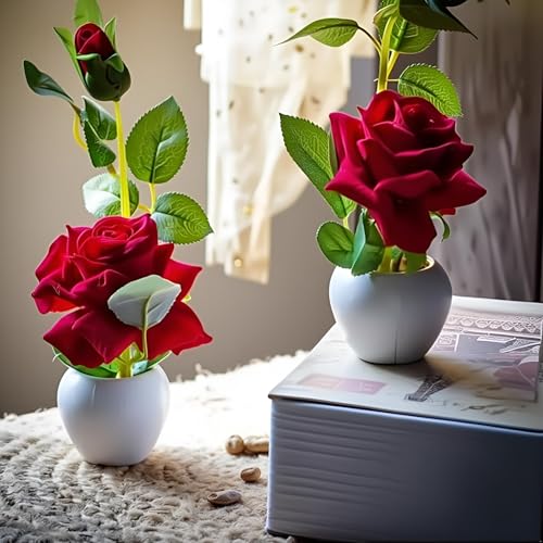 Graceful Dwellings Artificial Red Rose In White Ceramic Vase, Single Stem Faux Flower Arrangement, Home Decor, Wedding Centerpiece Hotel Decor Room Decor (Red Rose) Pack Of 2