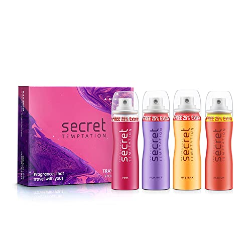 Secret Temptation Travel Pack With Pink, Romance, Mystery And Passion Mini Deodorant For Women,Pack Of 4 (50Ml Each)
