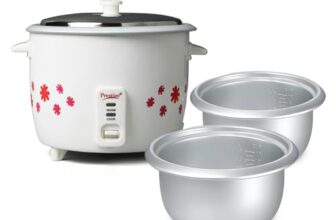 Prestige Prwo 1.8-2 Electric Rice Cooker| 2 Aluminium Cooking Pans | Stainless Steel Lid | Grey/White | Cool Touch Handles | Detachable Power Cord | 700- Watt|1.8 Litres