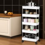 Amazon Brand – Solimo 5-Tier Stainless Steel Kitchen Trolley Rack With Wheels | Modular Storage Shelf For Vegetables, Fruits, Spices & Kitchen Organizer (21.5Cm*40Cm*88Cm, White)