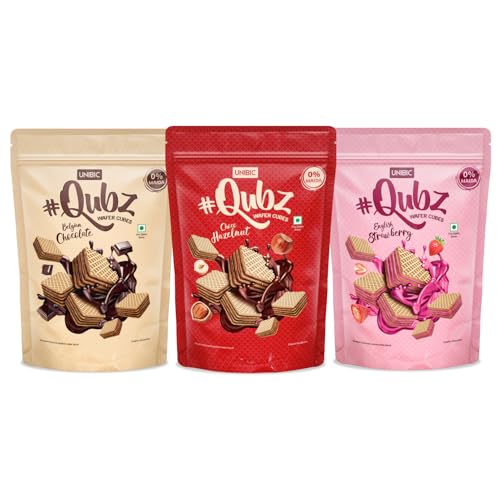 Unibic Assorted Wafer Qubz 320Gm (Qubz Hazelnut 120G + Qubz Chocolate 120G + Qubz Strawberry 120G)