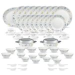 La Opala Diva Classique Collection Opal Glass Crockery | For Family Of 8 | Dinner Set 61 Pcs Twilight Bouquet | Plates & Bowls For Dining | Microwave Safe | 100% Vegetarian | Extra Strong | White