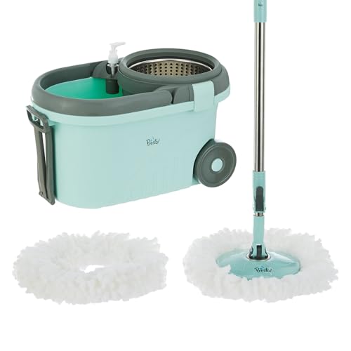 Amazon Brand – Presto! Clean Steel Spin Mop | Plastic & Stainless Steel | 2 Microfiber Refills | Big Wheels With Drag Handle | 360° Spin | Telescopic Handle | Green