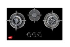 Pigeon Twinspark Hob 3 Burner Multi Spark Integrated Auto Ignition With Forged Burners, Scratch Resistant 6 Mm Thick Toughened Glass Top For Easy Cleaning – Black