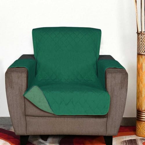 @Home By Nilkamal 1 Seater Polyester Sofa Cover, Emerald And Light Green Reversible Quilted Sofa Couch Cover, Furniture Slipcover Protector, Washable Cover With Non Slip Foam For Kids, Dogs, Pets