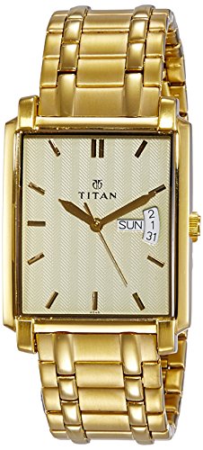 Titan Regalia Quartz Analog With Day And Date Champagne Dial Gold Stainless Steel Strap Watch For Men – Nt1506Ym02
