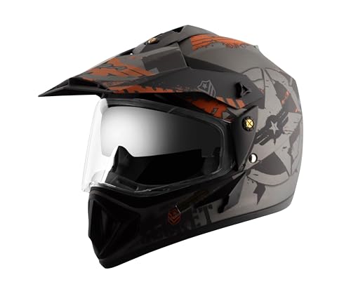 Vega Off Road Secret Isi Certified Matt Finish Full Face Dual Visor With Peak Helmet For Men And Women Outer Clear Visor And Inner Smoke Sun Visor(Dull Anthracite Black, Size:M)