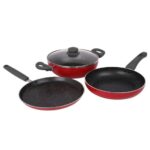 Prestige Omega Granite Non-Stick 3 Pc Cookware Set With Glass Lid | 5-Layer Coating | Gas & Induction Compatible | Omni Tawa 25Cm | Fry Pan 24Cm | Kadai 24Cm | Crimson Red |2Y Warranty |Isi Certified