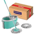 Spotzero By Milton Royale Stainless Steel Wringer Spin Mop With Big Wheel And Puller Handle, Bucket Floor Cleaning And Mopping System 360° Flexible,2 Microfiber Refills, Big Size, Aqua Green