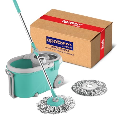 Spotzero By Milton Royale Stainless Steel Wringer Spin Mop With Big Wheel And Puller Handle, Bucket Floor Cleaning And Mopping System 360° Flexible,2 Microfiber Refills, Big Size, Aqua Green