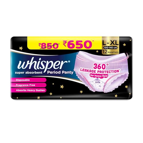 Whisper Super Absorbent Period Panty, 12 L-Xl Pants, 360 Degree Leakage Protection* For Heavy Flow, Panty Like Fit, Full Back Coverage, Absorbs Heavy Gushes, Silky Soft, Comfortable Feel