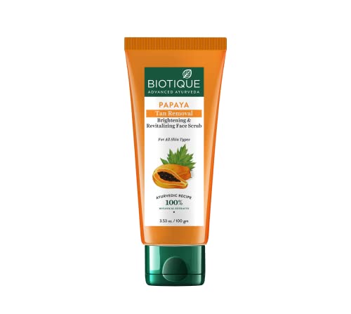 Biotique Papaya Tan Removal Brightening & Revitalizing Face Scrub | Gentle Exfoliation | Smooth And Clear Complexation | 100% Botanical Extracts| Suitable For All Skin Types | 100G