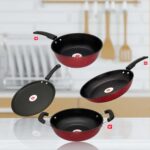 Lazywindow Kitchen Cookware Set With Sauce Pan, Fry Pan, Dosa Tawa, Kadhai, Non-Stick, 4 Count, Red