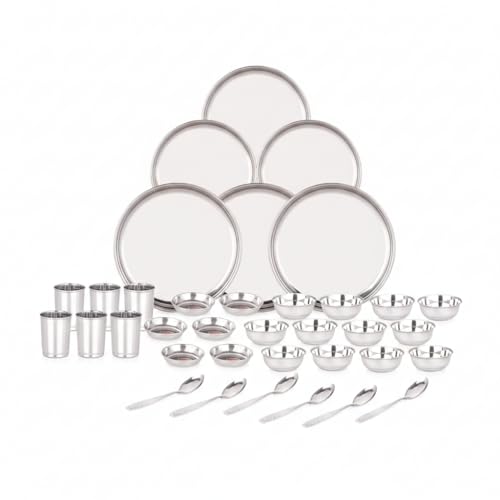 E – Ezra 36 Pieces Stainless Steel Dinnerware/Dinner Set – 6 Thali, 6 D.Plate, 12 Bowl, 6 Glass, 6 Spoon, Kitchen Set For Home & Restaurants, Family – Silver,Solid
