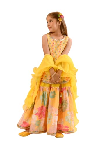 Pspeaches Girls Floral Printed Sequinned Regular Straight Kurta & Sharara With Dupatta