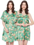 Clovia Women’S Satin Printed Short Night Dress & Robe (Ns1502P17_Green_L)