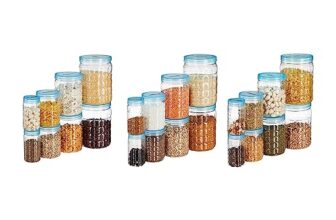 Amazon Brand – Solimo Checkered Jar Container Set Of 24 | 2000Ml, 1000Ml, 500Ml, 250Ml | Plastic | Transparent, Blue