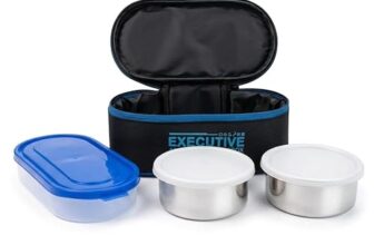 Zaib Stainless Steel Lunch Box For Kids With Insulated Carry Bag | 3 Containers: 2X350Ml + 1X400Ml Rice Bowl | Durable, Leak-Proof & Bpa-Free Tiffin Box For School, Travel & Picnics (Executive 2+1)