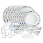 Larah By Borosil Silk Series Blue Iris Opalware Dinner Set With Vision Glass | 35Pcs For Family Of 6 | Microwave & Dishwasher Safe | Bone-Ash Free | Crockery For Dining & Gifting | White, Plate & Bowl