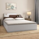 Nilkamal Bruce Wooden Queen Bed With Box Storage | Designer Headboard With Storage | Engineered Wood | 4 Big Compartments | Walnut & White
