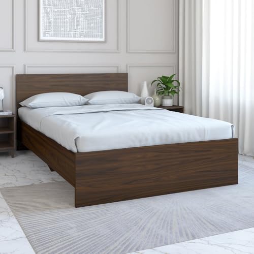 Nilkamal Bruce Wooden Queen Bed With Box Storage | Designer Headboard With Storage | Engineered Wood | 4 Big Compartments | Walnut & White