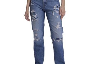 Spykar Women Mid Blue Cotton Straight Fit Regular Length Highly Distressed Jeans -(Bella)