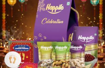 Happilo Premium Shubh Labh Gift Box With 7 Inclusions | Gold Plated Charan Paduka | Shubh Labh Décor | Almonds | Cashews | Pistachios | Chatpata Cranberries | Greeting Card | Dry Fruits Gift