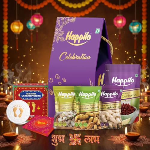 Happilo Premium Shubh Labh Gift Box With 7 Inclusions | Gold Plated Charan Paduka | Shubh Labh Décor | Almonds | Cashews | Pistachios | Chatpata Cranberries | Greeting Card | Dry Fruits Gift