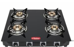 Khaitan Tempered Glass 4 Burner Premium Black Toughened Lpg Gas Cooktop, Manual Ignition Stove With 1 Year Warranty (Isi Approved, Burner)