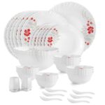 Cello Scarlet Bliss Dazzle Series Opalware Dinner Set Of 35 Pieces For Family Of 6 | Bone-Ash Free & Leadfree Opal Glass, Microwave & Dishwasher Safe, Plates & Bowls Crockery Set For Dining & Gifting