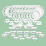 La Opala Diva Classique Collection Opal Glass Crockery | For Family Of 8 | Dinner Set 53 Pcs Olive Trails | Plates, Bowls & Cups For Dining | Microwave Safe | 100% Vegetarian | Extra Strong | White