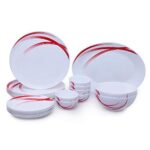 Larah By Borosil – Moon Series, Red Stella 21 Pieces Opalware Dinner Set, White