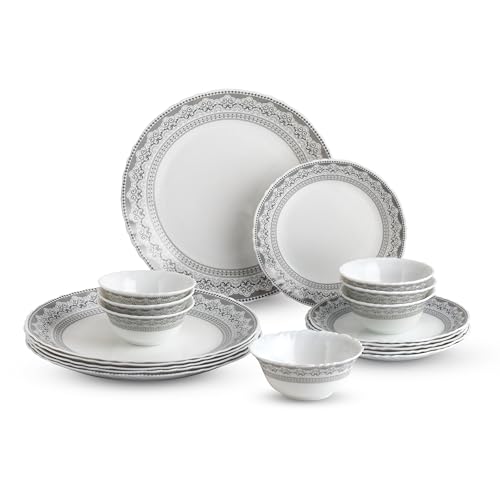 Cello Imperial Series Vinea Opalware Dinner Set | 65 Units | Opal Glass Dinnerware | Chip-Resistant, Scratch-Resistant, Microwave & Dishwasher Safe | Elegant Floral Pattern | White
